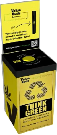 Value Buds Think Green cannabis packaging recycling collection bin